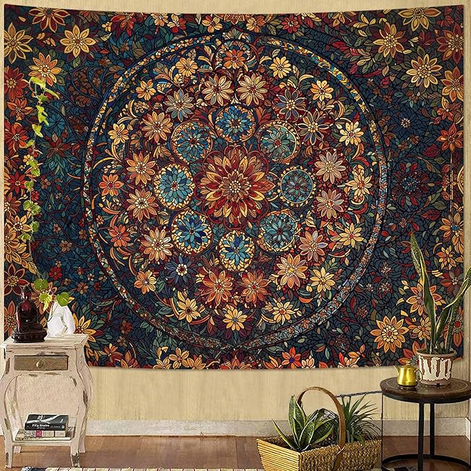 Fowocu Boho Floral Mandala Tapestry Wall Hanging Vintage Bohemian Flower Medallion Tapestry Aesthetic Orange Stained Glass Hippie Extra Large Tapestries for Bedroom Living Room Dorm Decor 90 x 68 Inch
