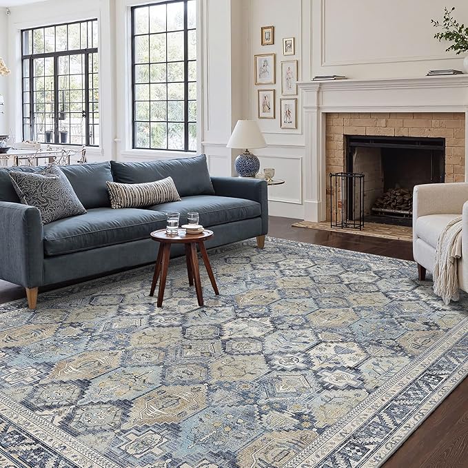 GENIMO 3x5 Area Rugs for Living Room, Machine Washable Non Slip Vintage Rugs, Low Pile Lightweight Chenille Print Rug for Bedroom, Dining Room, Home Office, Brown Blue