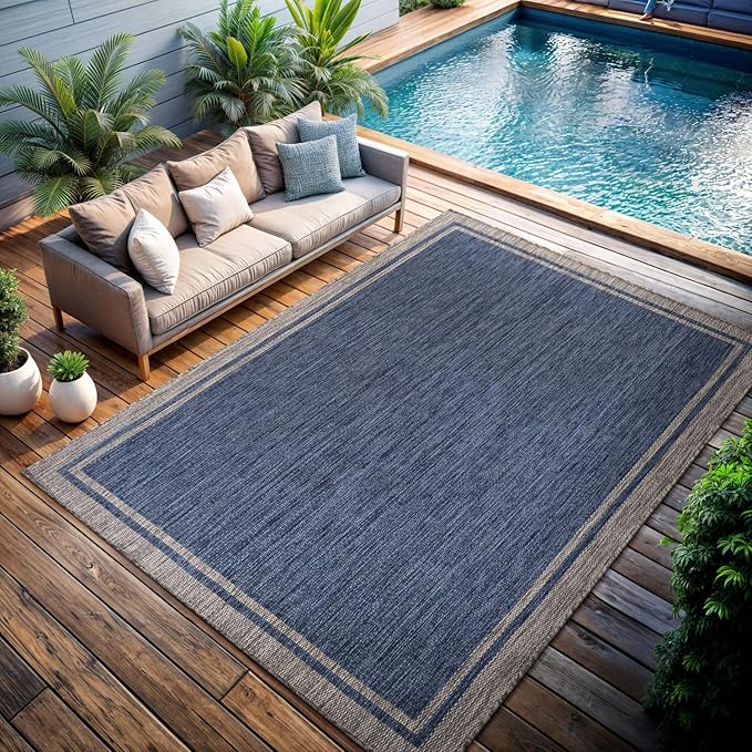 CAMILSON Outdoor Rug, 5x7 Bordered Navy Blue Gray Modern Area Rugs for Indoor and Outdoor Patios, Porches Waterproof Washable Porch Deck Outside Carpet (Bordered Navy, 5 x 7)