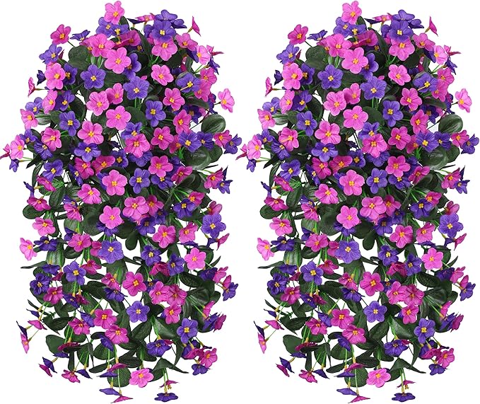 Artificial Fake Hanging Flowers Plants Vines for Outdoor Summer Decoration, 2PCS Faux Silk Orchid Long Stems Look Real UV Resistant for Home Outside Garden Wall Indoor(Dark Purple and Fuchsia)