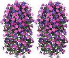 Artificial Fake Hanging Flowers Plants Vines for Outdoor Summer Decoration, 2PCS Faux Silk Orchid Long Stems Look Real UV Resistant for Home Outside Garden Wall Indoor(Dark Purple and Fuchsia)