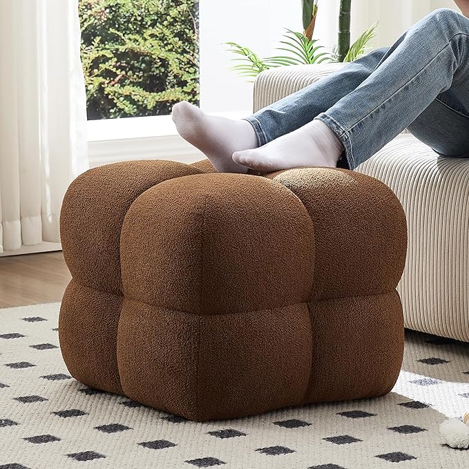 ONEVOG 21" Dark Brown Modern Ottoman, Square Fuzzy Couch Sherpa Pouf Ottoman, Tufted Fluffy Boucle Fabric Foot Stools, Upholsered Footrest & Coffee Table for Living Room Bedroom, Cute Pouf Home Decor