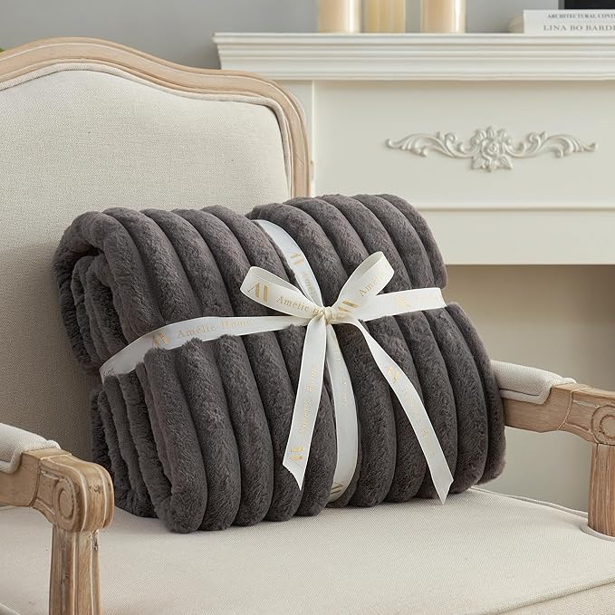 Amélie Home Faux Fur Throw Blanket for Couch, Cozy Fuzzy Fluffy Fur Luxurious Soft Striped Plush Gift Blankets for Family Sofa Chair Bed Living Room Bedroom, 55"x70", Charcoal Grey