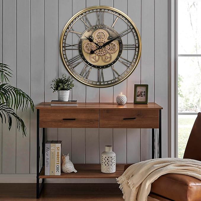 CLXEAST 28 Inch Gold Moving Gear Wall Clock for Modern Living Room Decor,Oversized Large Metal Roman Numeral Wall Clocks for Farmhouse Home Décor,House Warming Gifts New Home