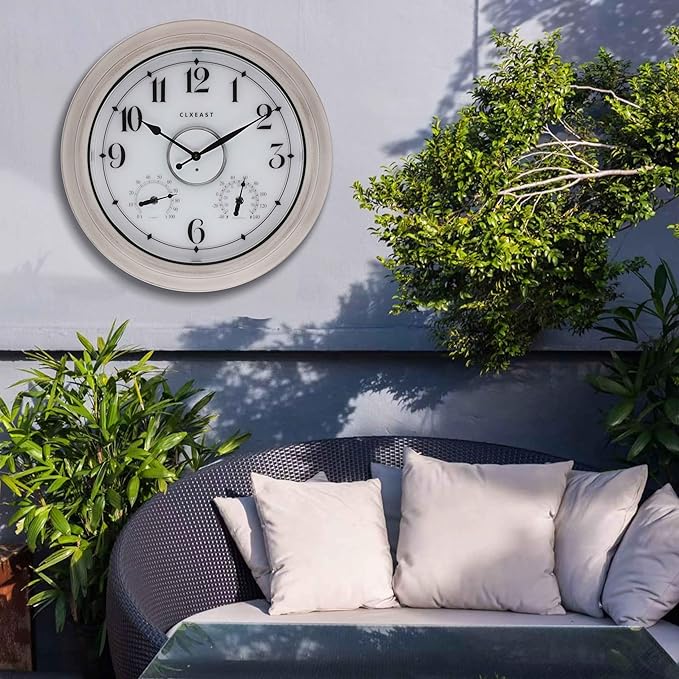 CLXEAST 18 Inch Illuminated Outdoor Clock with AI Smart Sensor, Large Farmhouse Wall Clock with Temperature & Humidity,Weathered White Finish,Unique House Warming Gifts