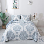 Travan 3-Piece Quilt Set Quilted Bedspread Lightweight Coverlet Set Floral Printed Oversized Quilted Bedding Set with Shams for All Season, Blue Floral, King Size