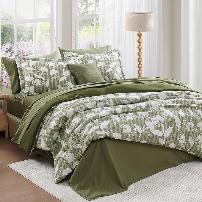Full Comforter Set -7 Pieces Botanical Olive Green Comforter Set for All Seasons, Bed in a Bag Full with Flowers Floral Comforter, Sheets, Pillowcases & Shams