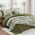 Queen Comforter Set -7 Pieces Botanical Olive Green Comforter for All Seasons, Bed in a Bag Queen with Flowers Floral Comforter, Sheets, Pillowcases & Shams