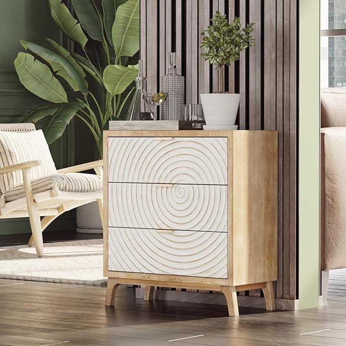 LONYKE Farmhouse 3 Drawer Dresser, White Nightstand with Handcrafted Wood Ring Motif for Bedroom, Rustic & Natural, Fully Assembled, Boho