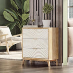 LONYKE Farmhouse 3 Drawer Dresser, White Nightstand with Handcrafted Wood Ring Motif for Bedroom, Rustic & Natural, Fully Assembled, Boho