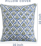Ridhi Light Steel Blue Block Print Cotton Throw Pillow Covers for Decorative Couch Pillows for Living Room, Chic Boho Cute Outdoor Valentine Pillows Covers Gifts 16x16 Inches