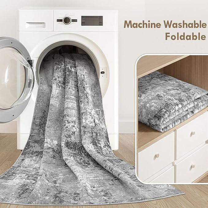 Tortania Washable 10x13 Area Rug for Living Room: Modern Abstract Neutral Large Soft Thin Rugs - Non Slip Indoor Carpet for Bedroom Dining Room Office Nursery Home Floor Decoration - Grey