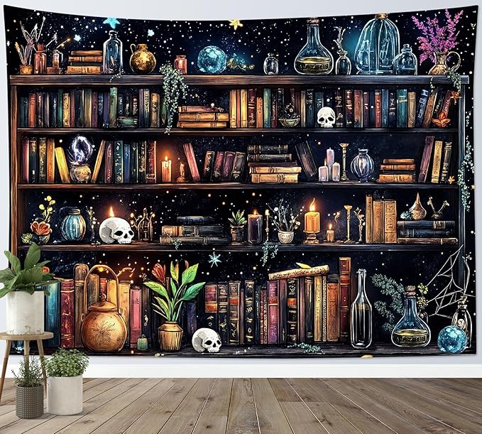 HVEST Magic Bookshelf Tapestry Wall Hanging Vintage Bookshelf Witchy Books Plant Skull Gothic Halloween Tapestry Aesthetic Starry Sky Tapestries for Bedroom Living Room Dorm, 51L x 59W Inches