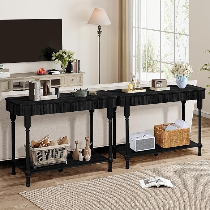 43.3”Console Table with 2 Drawers, Modern Retro Entryway Table with Fluted Panel & Storage Shelf, Narrow Wood Behind Couch Sofa Table for Living Room, Foyer, Hallway(Black)