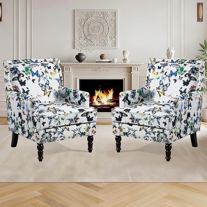 Accent Chair, Modern Comfy Mid-Century Anthropologie Accent Chairs, Linen Upholstered Wingback Lounge Arm Chair with Solid Wood,Single Floral Pattern Chair for Living Room/Balcony/Bedroom