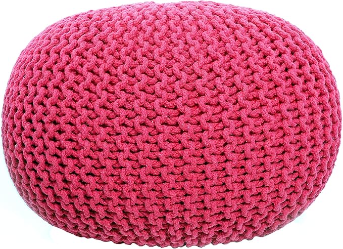 FRELISH DECOR Round Pouf Ottoman Hand Knitted 100% Cotton Pouf Foot Stool - Knitted Bean Bag - Floor Chair for Living Room - Bedroom Foot Rest for Couch (20 Diameter x 14 Height) - Dark Pink