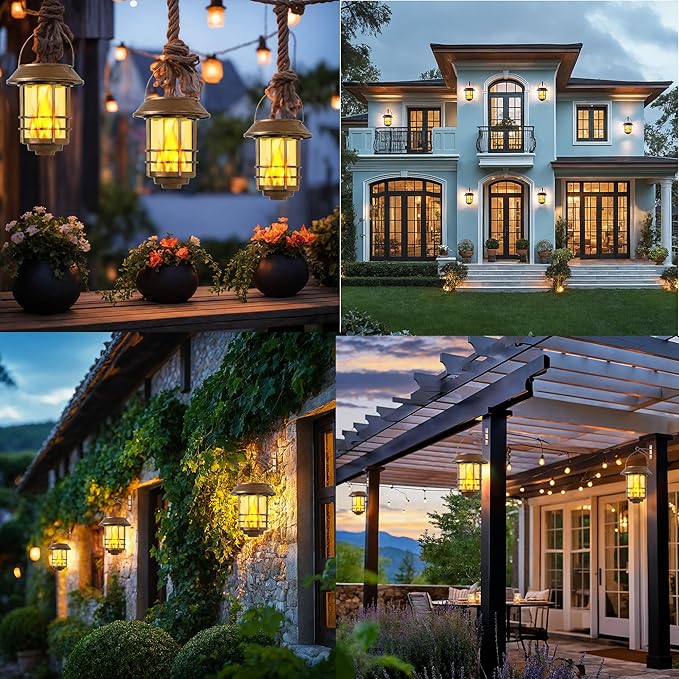 Otdair Solar Wall Lantern Outdoor, Flickering Flames Solar Sconce Lights Outdoor, Hanging Lamps Wall Mount for Front Porch, Patio and Yard, 2 Pack, Yellow Bronze