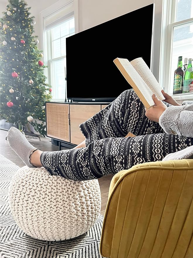 FRELISH DECOR Round Pouf Ottoman Hand Knitted 100% Cotton Pouf Foot Stool - Knitted Bean Bag - Floor Chair for Living Room Bedroom - Foot Rest for Couch (20 Diameter x 14 Height) - Natural