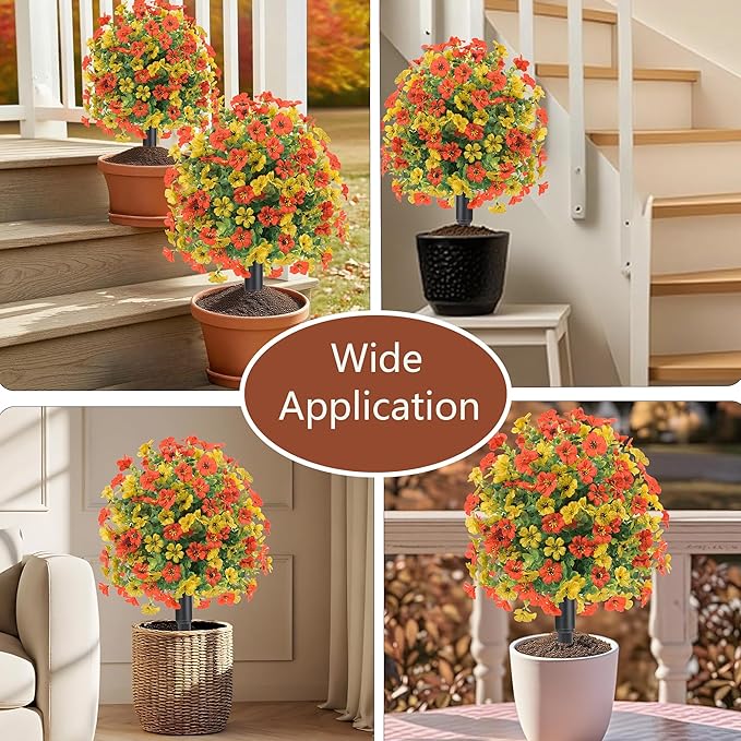 22.8" Set of 2 Fall Artificial Boxwood Topiary Ball with Spikes,UV Resistant Fake Outdoor shrubs with Violet Flowers, Faux Plants Bushes for Garden Front Porch Yard Patio(Yellow+Orange)