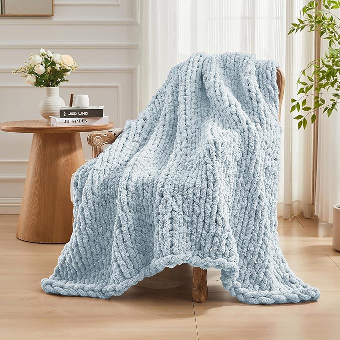 Carriediosa Chunky Knit Throw Blanket 60" X 80" Twin, 100% Hand Made Large Chenille Loop Yarn Soft Fluffy Throws for Couch Sofa Bed, Big Crochet Cozy Heavy Thick Cable Woven Blanket, Light Blue