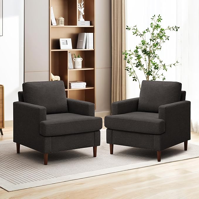 Mid-Century Accent Chair,Modern Linen Fabric Armchair for Living Room,Comfy Upholstered Reading Accent Chairs for Bedroom,Single Sofa Chair with Wood Legs (Dark Grey, 2 Pack)
