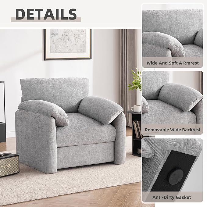 Chenille Oversized Armchair, 38.6" Wide Accent Chairs for Living Room & Bedroom Modern Lounge Chair, Upholstered Mid-Century Reading Chair, Comfy Living Room Chair, Single Sofa Chair, LightGrey
