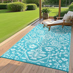 Outdoor Rug 8x10 Waterproof Reversible Plastic Straw Mat, UV-Resistant Vintage Medallion Camping Carpet for Patio, Deck, Balcony, Picnic, Large Outside Floor Mat, Light Blue/White
