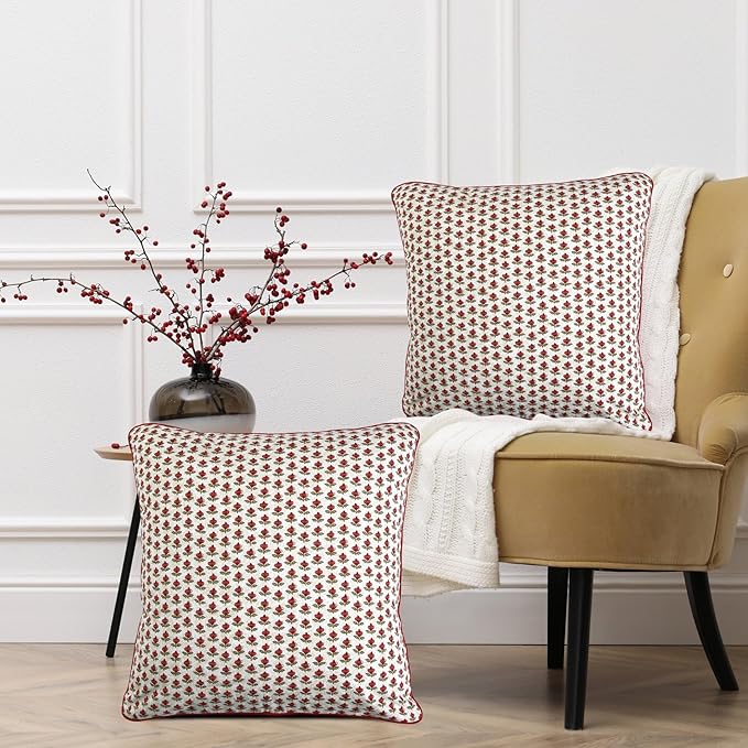 Ridhi Green and Red Print Print Cotton Throw Pillow Covers for Decorative Couch Pillows for Living Room, Chic Boho Cute Outdoor Thanksgiving Pillows Covers Gifts 20x20 Inches