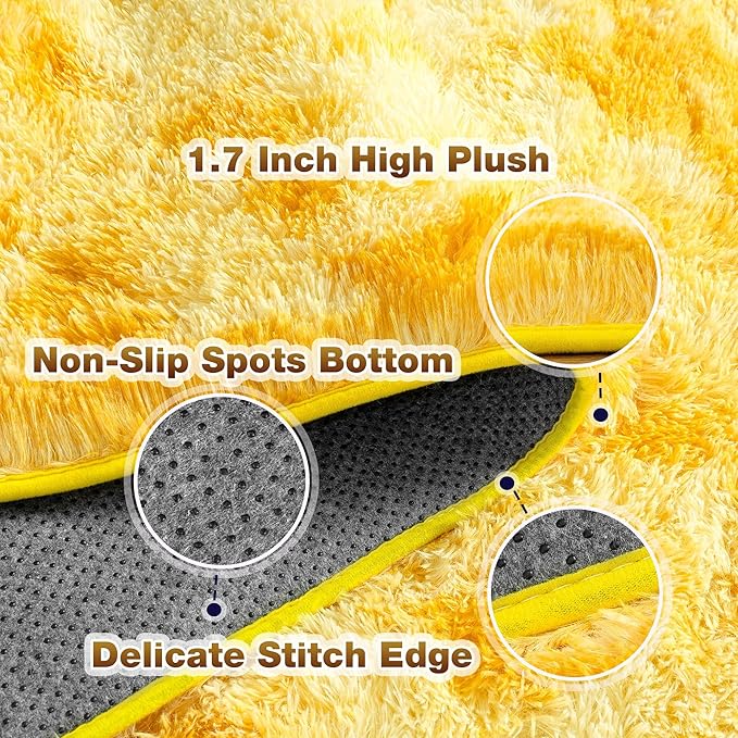 6x9 Fluffy Fuzzy Area Rug for Living Room Bedroom, Ultra Soft Large Living Room Rugs, Non Slip Thick Shag Rug for Dorm, Kids Girls Boys Rug for Home Decor Aesthetic, Tie-Dyed Yellow