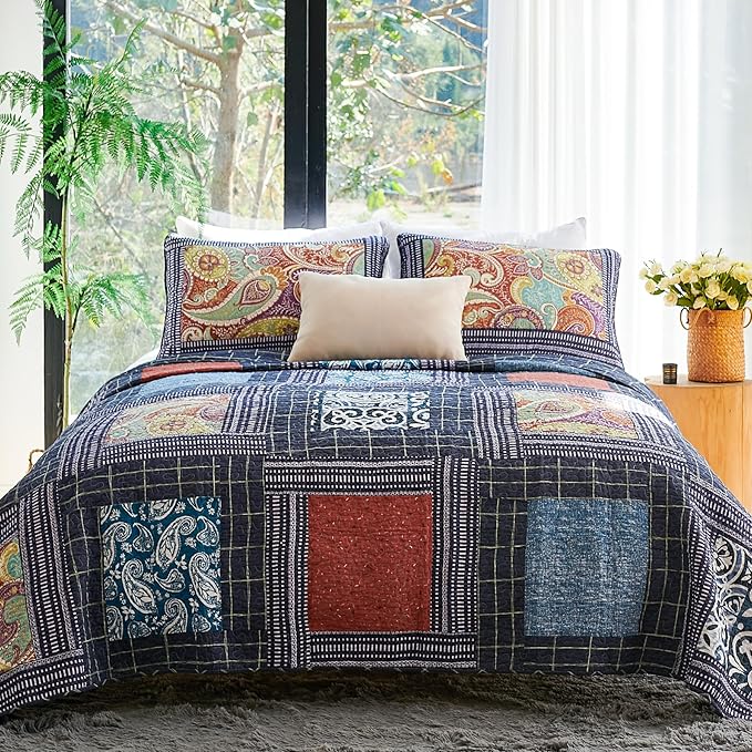 Secgo Queen Comforter Set for Bed - 100% Cotton Quilts Queen Size, Black Bedspreads (90 * 98 Inch) with 2 Pillow Shams, Patchwork Reversible Lightweight Bedding