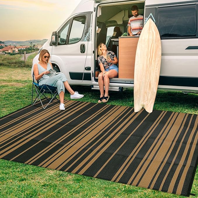 Outdoor Plastic Straw Rug 9x18 Waterproof Outside Rug, Large Modern Striped Reversible Floor Mats, Foldable & Lightweight Camping Carpet for Patio, Porch, Deck, Backyard, Balcony, Black Brown