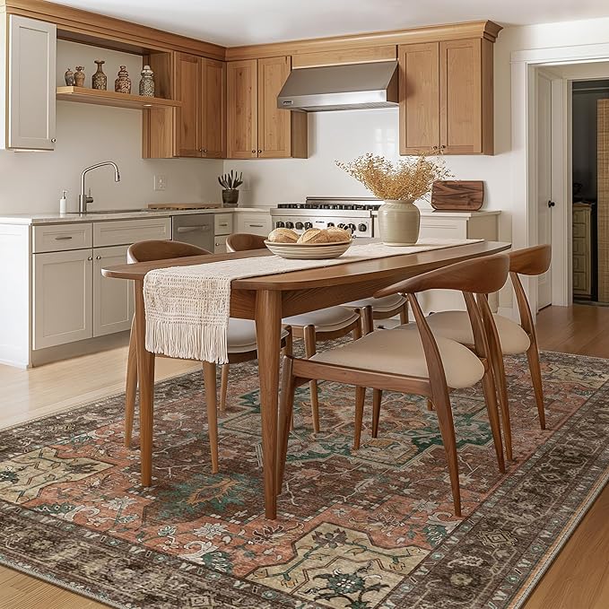 GENIMO 8x10 Area Rugs for Living Room, Machine Washable Non Slip Vintage Rugs, Low Pile Lightweight Chenille Print Rug for Bedroom, Dining Room, Home Office, Rosewood