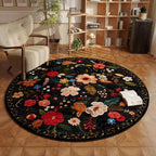 Round Rug 6ft Washable Circle Rug Non Slip Low Pile Boho Floral Small Circular Rug for Bedroom, Bathroom, Entryway, Kids Room, Office, College Dorm(Black)