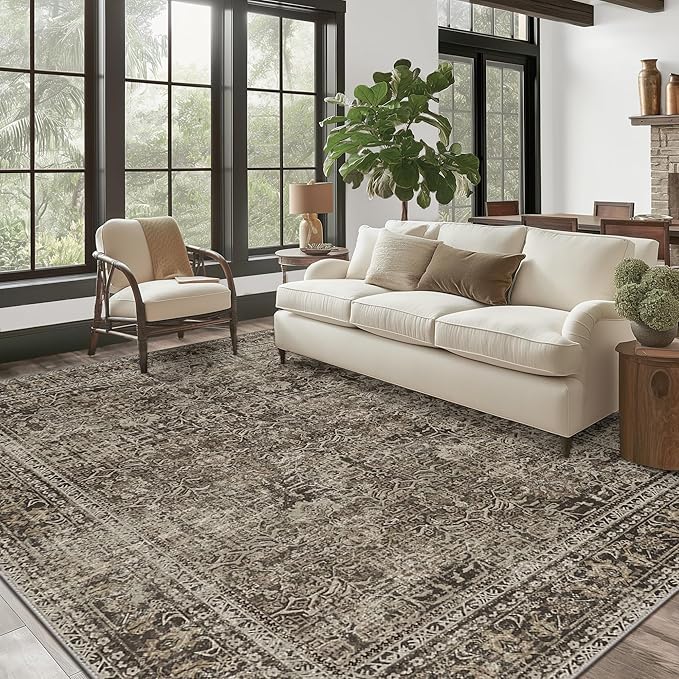 Area Rugs 8x10 for Living Room Bedroom, Vintage Machine Washable Stain Resistant Rug, Large Soft Low Pile Sage Charcoal Foor Mat with Non Slip Backing for Dining Room