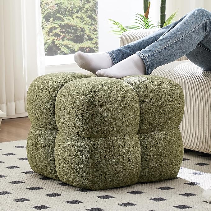 ONEVOG Olive Green‌ Modern Ottoman, 21" Square Fuzzy Couch Sherpa Pouf Ottoman, Tufted Cute Boucle Fabric Foot Stools, Upholsered Footrest & Coffee Table & Vanity Chair for Living Room Bedroom, Dorm