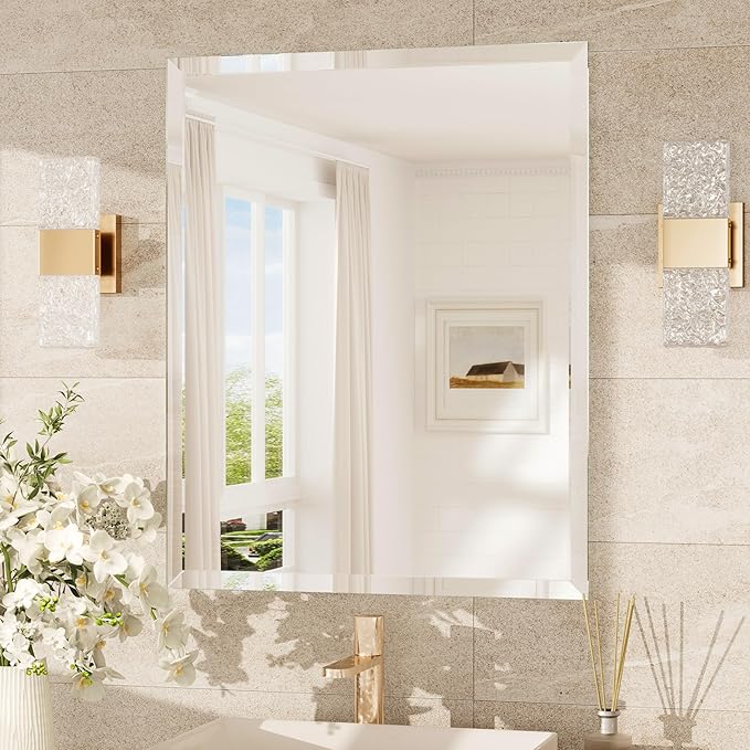 TokeShimi 24x30 Frameless Bathroom Mirror for Over Sink, Tempered Beveled Wall Mirror with 1" Beveled Edge, Shatterproof Rectangle Mirrored for Vanity, Living Room, Entryway, Restroom