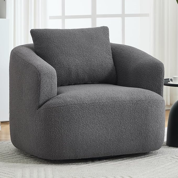 Swivel Accent Chair,360° Rotating Barrel Chair,Teddy Fleece High-Resilience Sponge Single Sofa, Easy Assembly for Living Room, Bedroom, Apartment Dark Grey