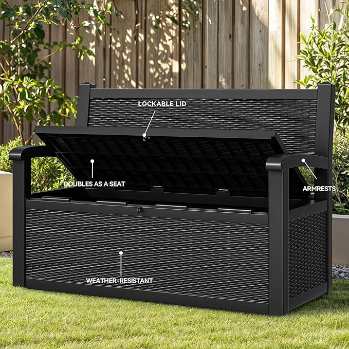 YITAHOME 70 Gallon Storage Bench Deck Box, Lockable Patio Bench, Waterproof Outdoor Pool Deck Storage for Patio Cushions, Garden Tools and Pool Supplies, Black