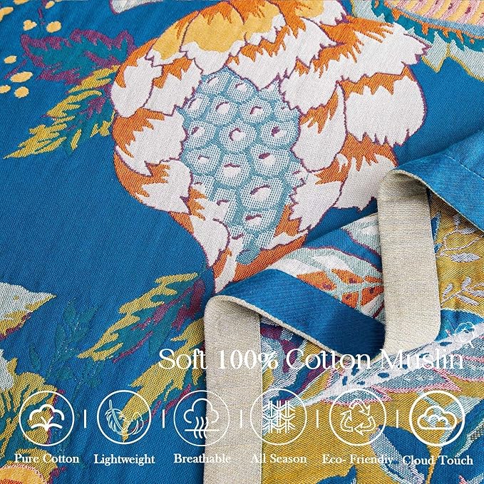 Boho Throw Blanket, Blue Lightweight Blankets for Summer, 100% Cotton Bohemian Decorative Throw Blanket, 80"x90" Reversible Muslin Breathable Woven Farmhouse Blankets Quilt,