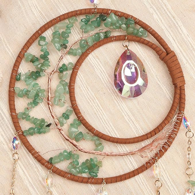 Green Agate Gemstone Large Moon Dream Catcher Chakra Tree of Life Dream Catcher with Aventurine Handmade Dreamcatcher Suncatcher Wall Decor for Adults Boys Girls Bedroom Garden Bless Gift