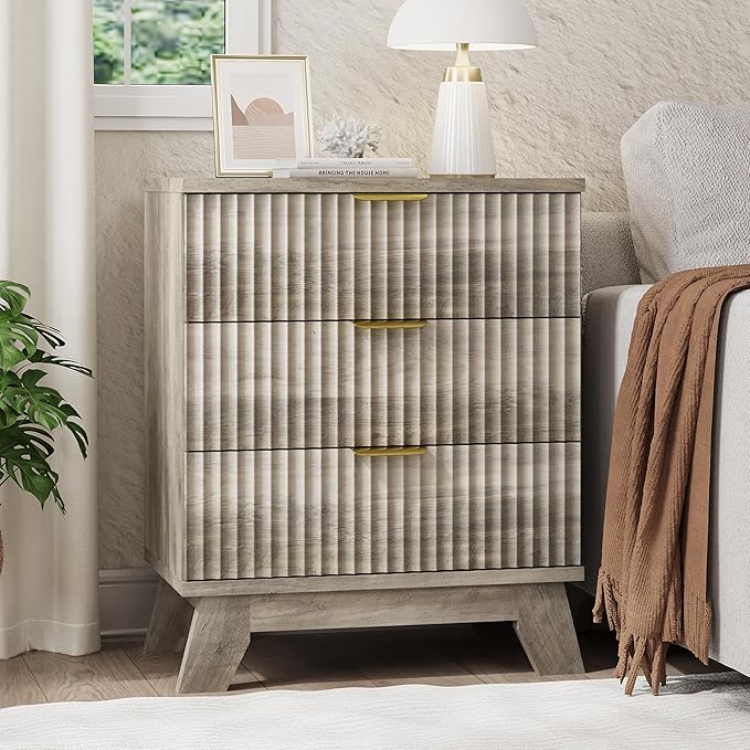 Fluted Nightstand, 24" Wide Side Table with 3 Large Storage Drawers, Mid Century Modern Wood Night Stand with Metal Handle, Wooden Bedside End Table for Bedroom, Living Room, Closet, Grey