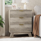 Fluted Nightstand, 24" Wide Side Table with 3 Large Storage Drawers, Mid Century Modern Wood Night Stand with Metal Handle, Wooden Bedside End Table for Bedroom, Living Room, Closet, Grey