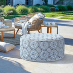 LVTXIII Outdoor Inflatable Ottoman, Fade-Resistant Round Footrest Stool D31”x H14”, Portable Patio Pouf for Garden Camping or Home Use, Medallion Blue