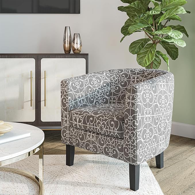 BELLEZE Accent Barrel Chair Set of 2, Linen Round Chair Club Tub Sofa Corner Chair with Flared Legs and Cozy Soft Padding for Living Room Bedroom Waiting Room - White & Gray