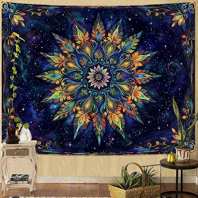 Fowocu Boho Floral Mandala Tapestry for Bedroom Aesthetic Blue Bohemian Colorful Flower Wall Tapestry Purple Hippie Indian Small Tapestries Wall Hanging for Living Room Dorm Decor 48 x 36 Inch