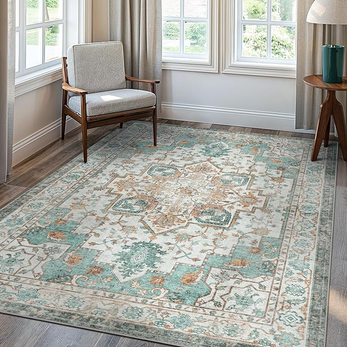 GENIMO 7'6''x9'6'' Area Rugs for Living Room, Machine Washable Non Slip Vintage Rugs, Low Pile Lightweight Chenille Print Rug for Bedroom, Dining Room, Home Office, Cyan