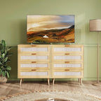 WLIVE Rattan Dresser for Bedroom, 4 Drawer Wood Boho Dresser Storage with Gold Metal Handle, Chest of Drawers for Living Room, Closet, Hallway, Light Oak