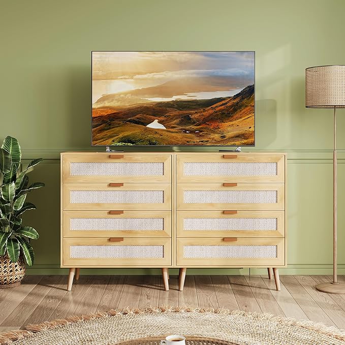 WLIVE Rattan Dresser for Bedroom, 4 Drawer Wood Boho Dresser Storage with Gold Metal Handle, Chest of Drawers for Living Room, Closet, Hallway, Light Oak