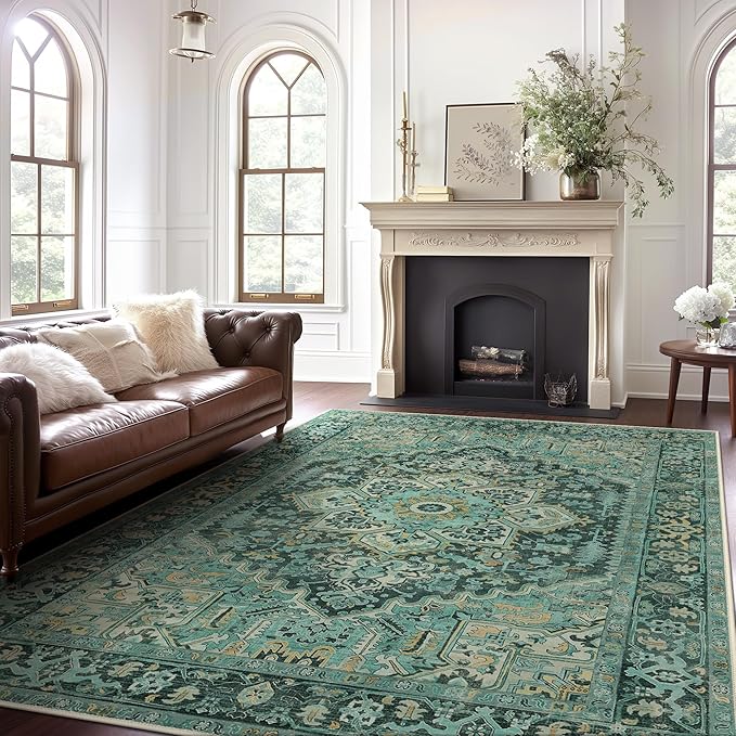 GENIMO Machine Washable 9x12 Area Rugs for Living Room, Non Slip Vintage Rugs, Low Pile Lightweight Chenille Print Rug for Bedroom, Dining Room, Home Office, Turquoise