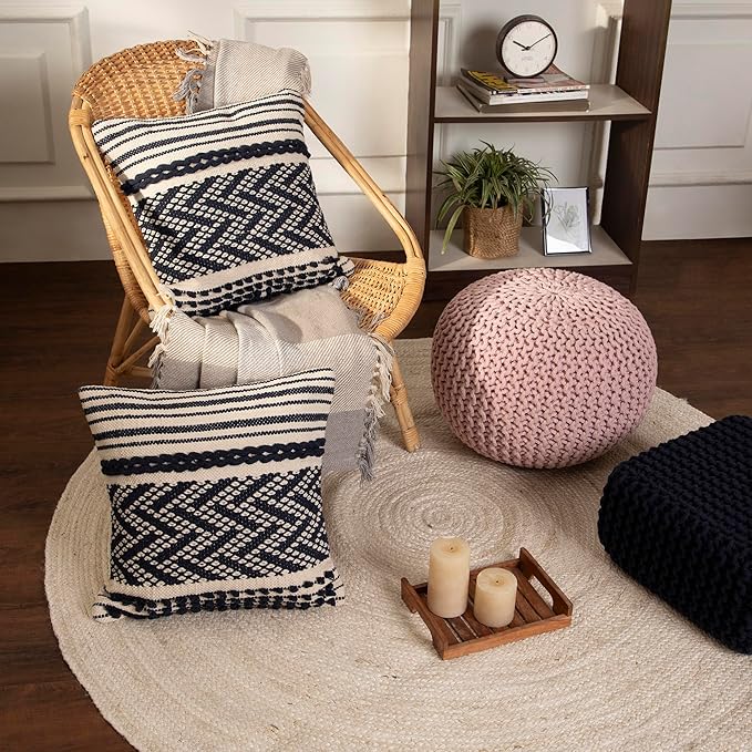 REDEARTH Round Pouf Ottoman - Hand Knitted Boho Poof Home Décor Pouffe Circular Footrest for Living Room - Bedroom - Lounge - 100% Cotton (19.5"x19.5"x14") - Pale Pink